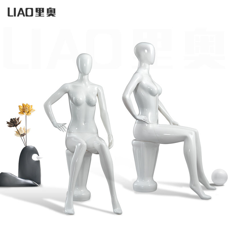 White Full Body Sitting Female Mannequin Real Size with Stool Clothing Plastic Model for Display