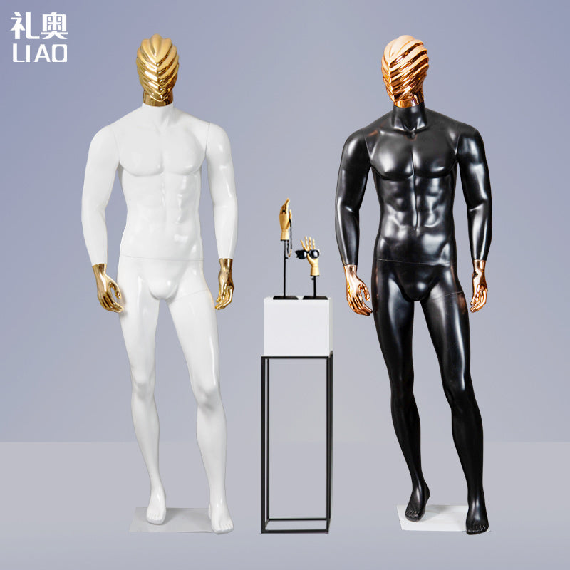 Boutique Luxury Shinny Gold and Silver Mannequins New Design Wholesale Fiberglass Male Dummy with Cloth Head Stand Style