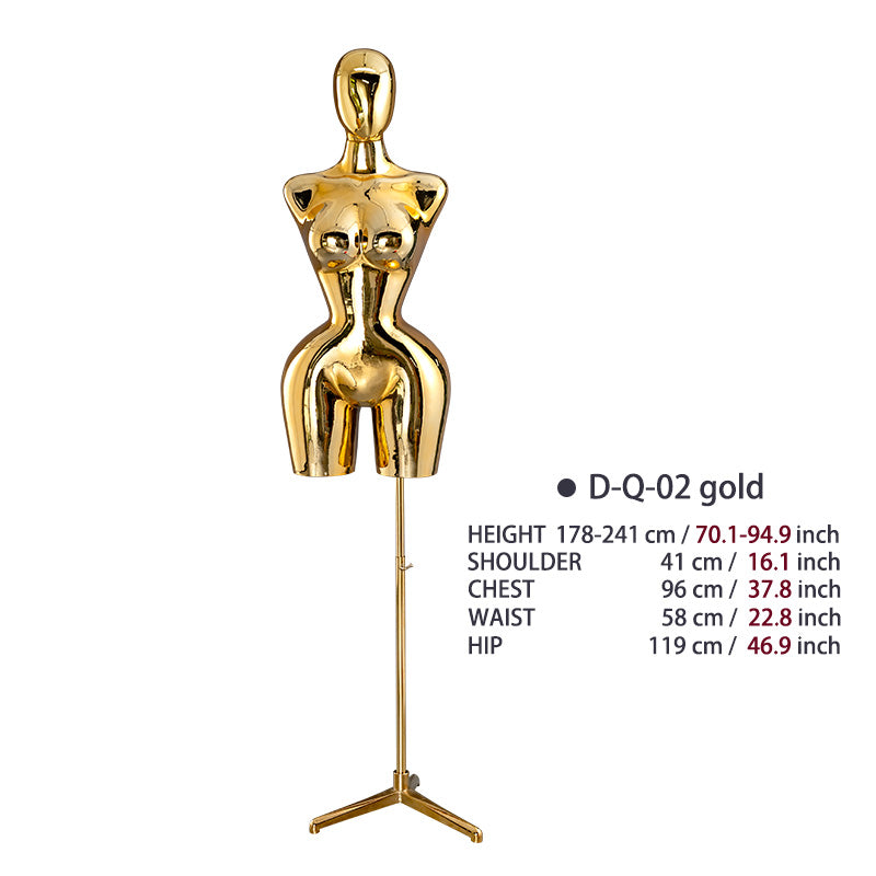 BBL Female Curvy Model Gold Female Torso Chrome Mannequin Upper-Body Half Body Large Hips Brazilian Girl Dress Form