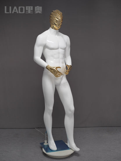 Boutique Luxury Shinny Gold and Silver Mannequins New Design Wholesale Fiberglass Male Dummy with Cloth Head Stand Style