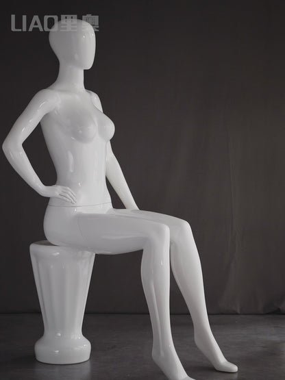 White Full Body Sitting Female Mannequin Real Size with Stool Clothing Plastic Model for Display